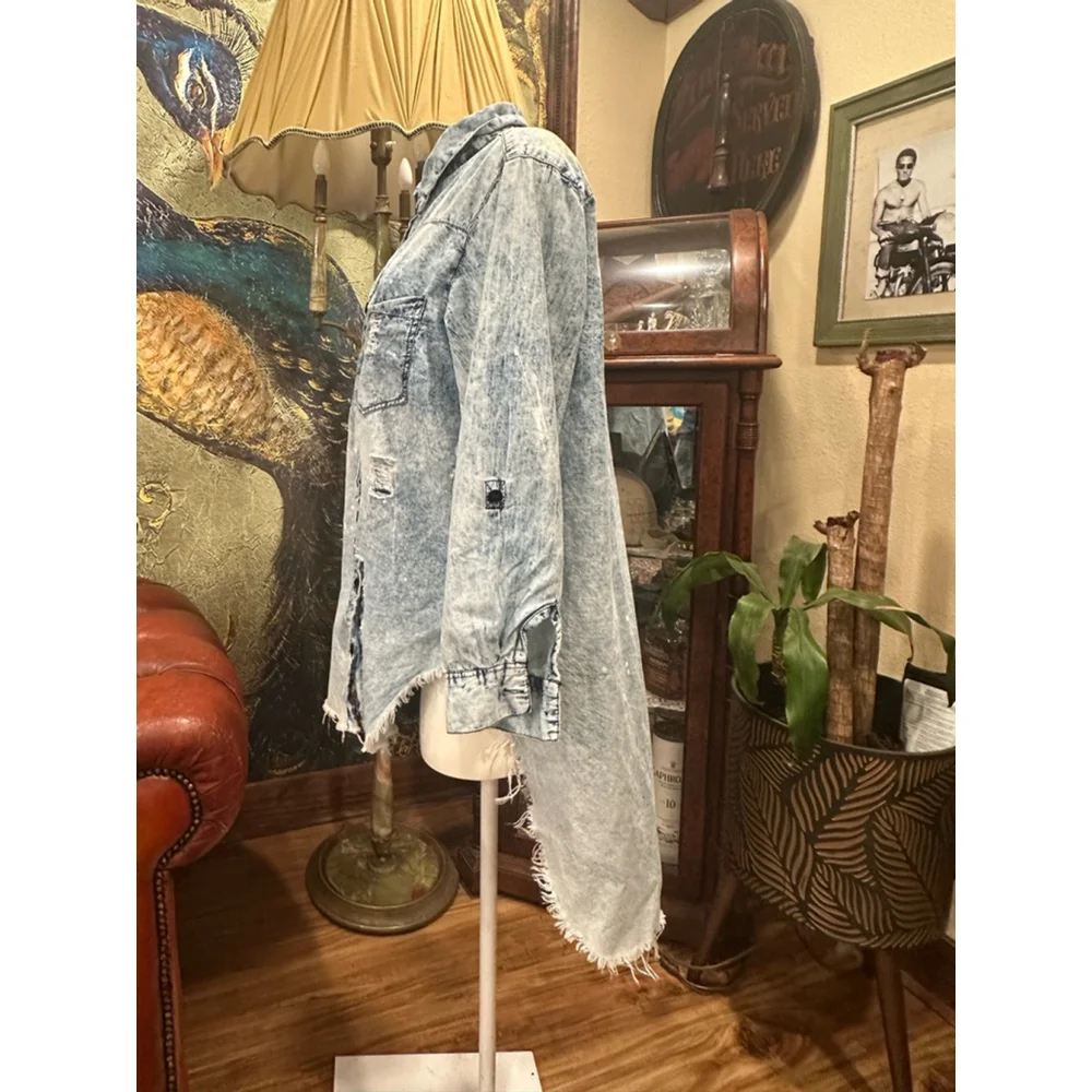 Women's Thrill Jeans Denim Shirt Dress 2X Blue Distressed - Picture 3 of 10